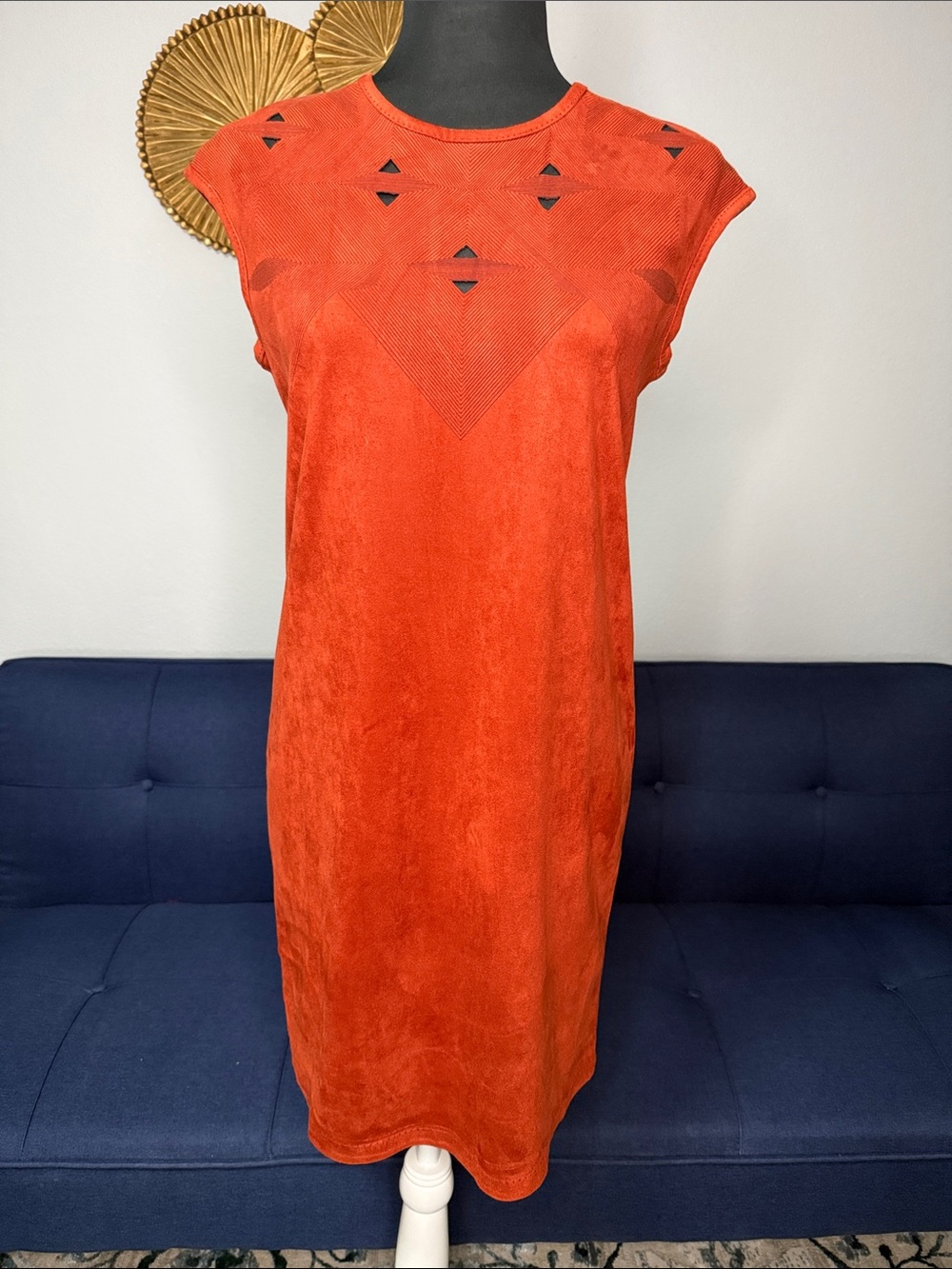 Max Studio Orange Abstract Lasercut Faux Suede Boxy Straight Fit Midi Dress